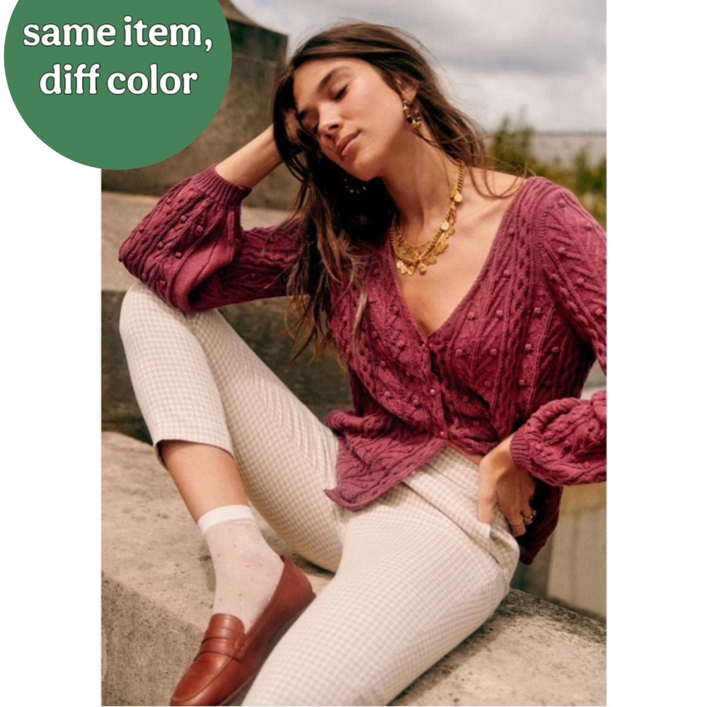 SEZANE Rose Pink Lilac Pom Pom Texture Cableknit Balloon Sleeve Beryl Cardigan - Picture 4 of 15